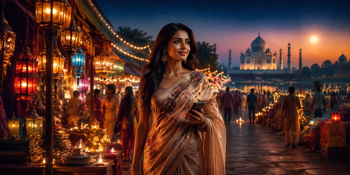 Night market scene near Taj Mahal reflecting vibrant Indian culture